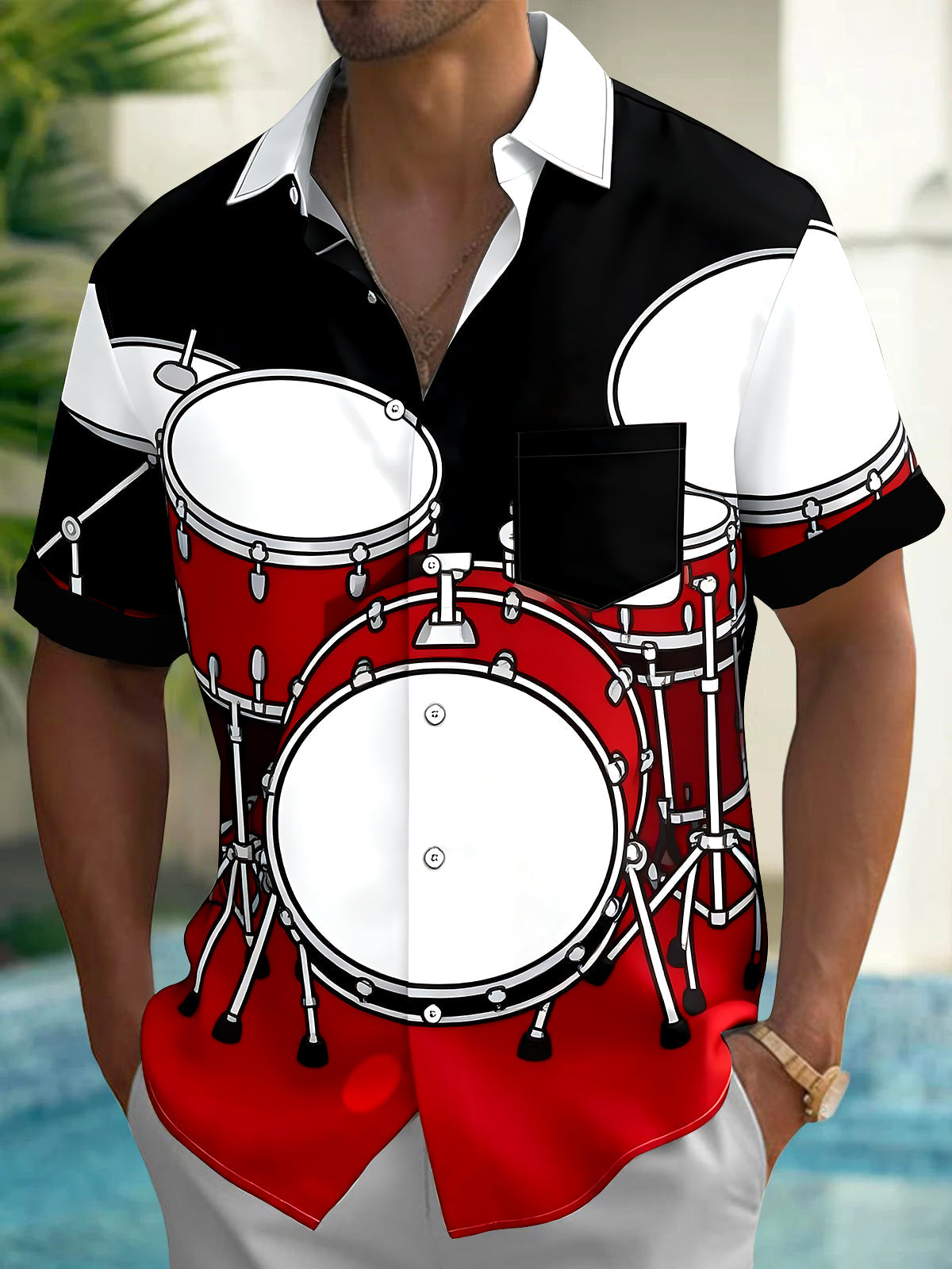 Adaychic Men's Graphic Drum Set Print Short Sleeve Shirt with Chest Pocket