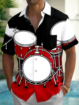Adaychic Men's Graphic Drum Set Print Short Sleeve Shirt with Chest Pocket