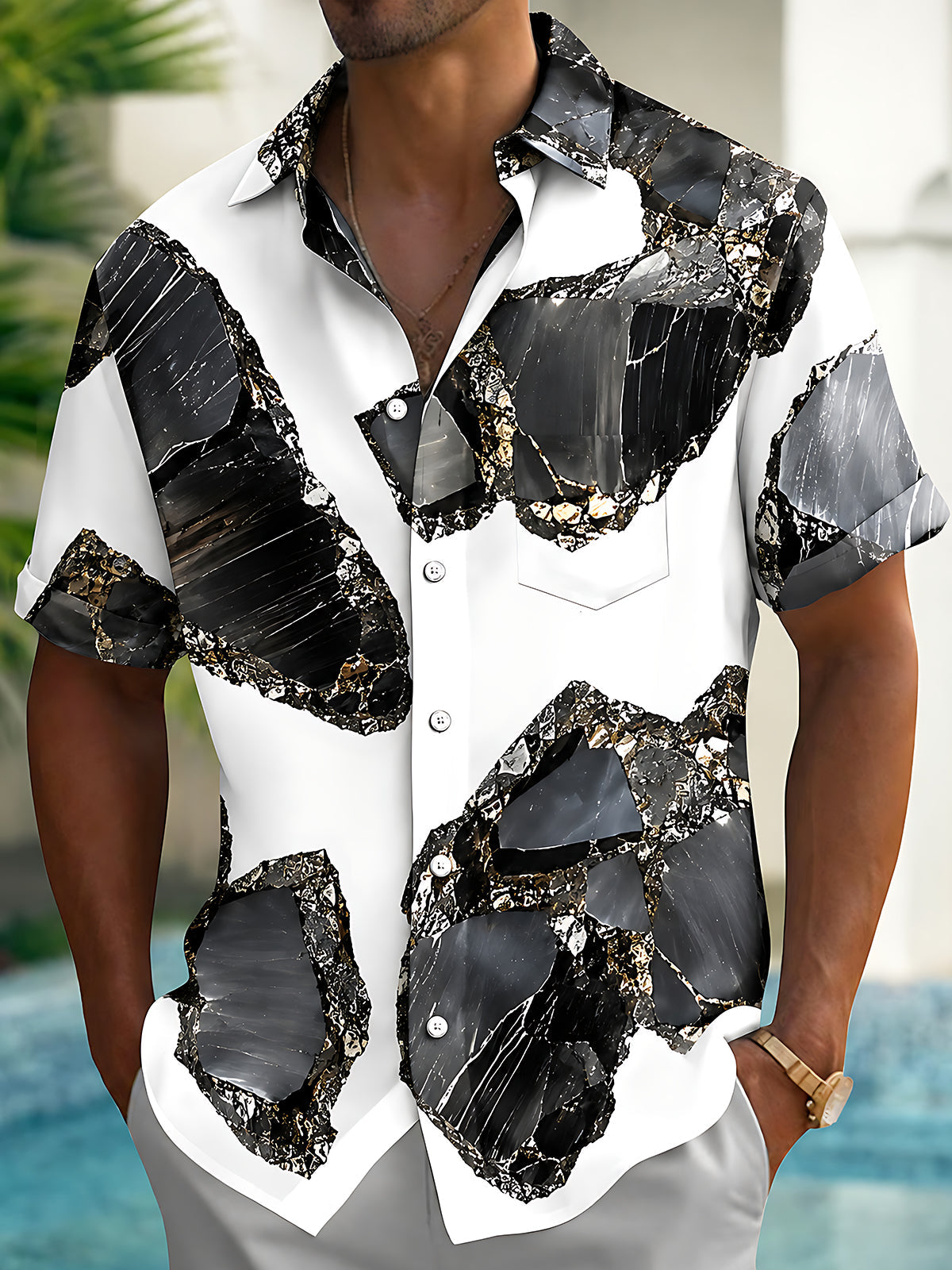 Adaychic Men's Printed Abstract Marble Pattern Short Sleeve Shirt with Chest Pocket