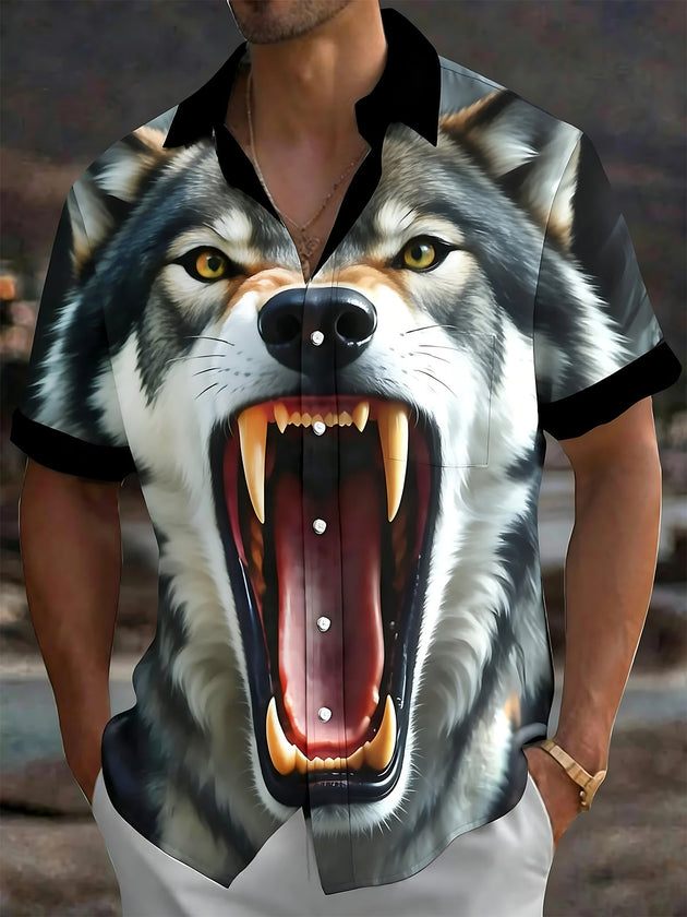 Adaychic Men's Graphic Roaring Wolf Face Print Wolf Print Short Sleeve Shirt with Chest Pocket