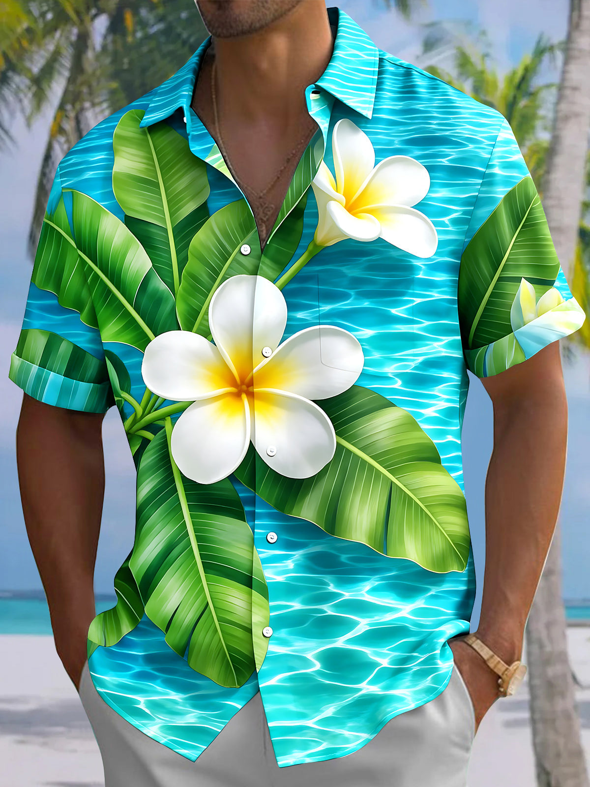 Adaychic Men's Hawaiian Plumeria Flower Print Short Sleeve Shirt with Chest Pocket
