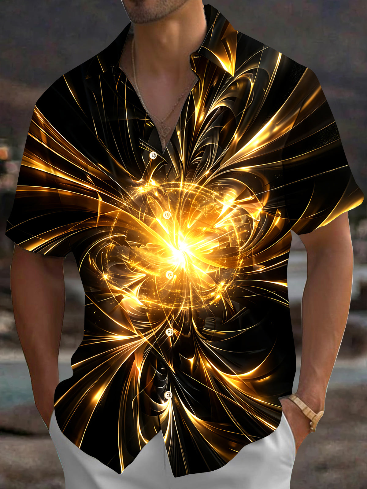 Adaychic Men's 3D Golden Light Burst Print Short Sleeve Shirt with Chest Pocket