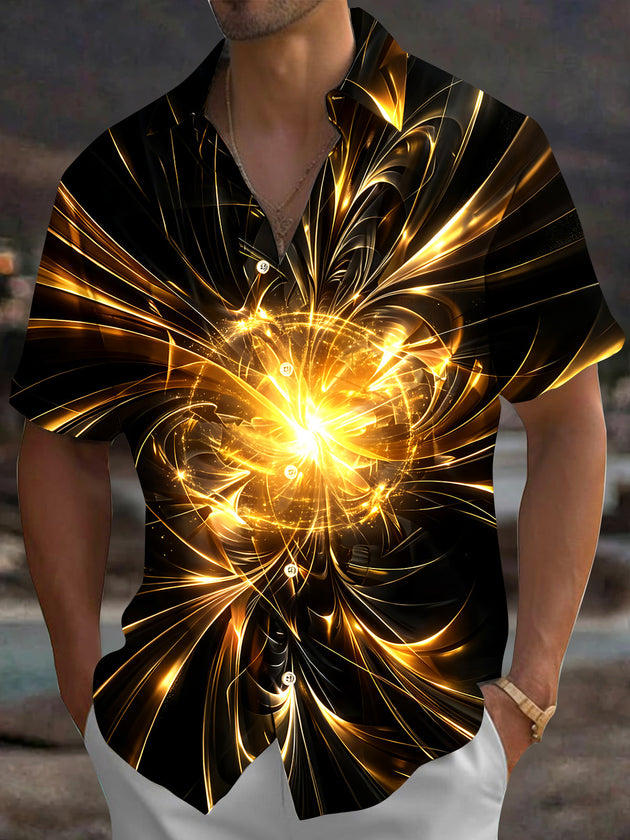 Adaychic Men's 3D Golden Light Burst Print Short Sleeve Shirt with Chest Pocket