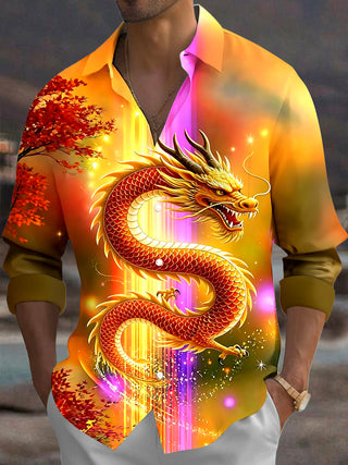 Adaychic Men's Graphic Golden Dragon Print Long Sleeve Shirt with Chest Pocket