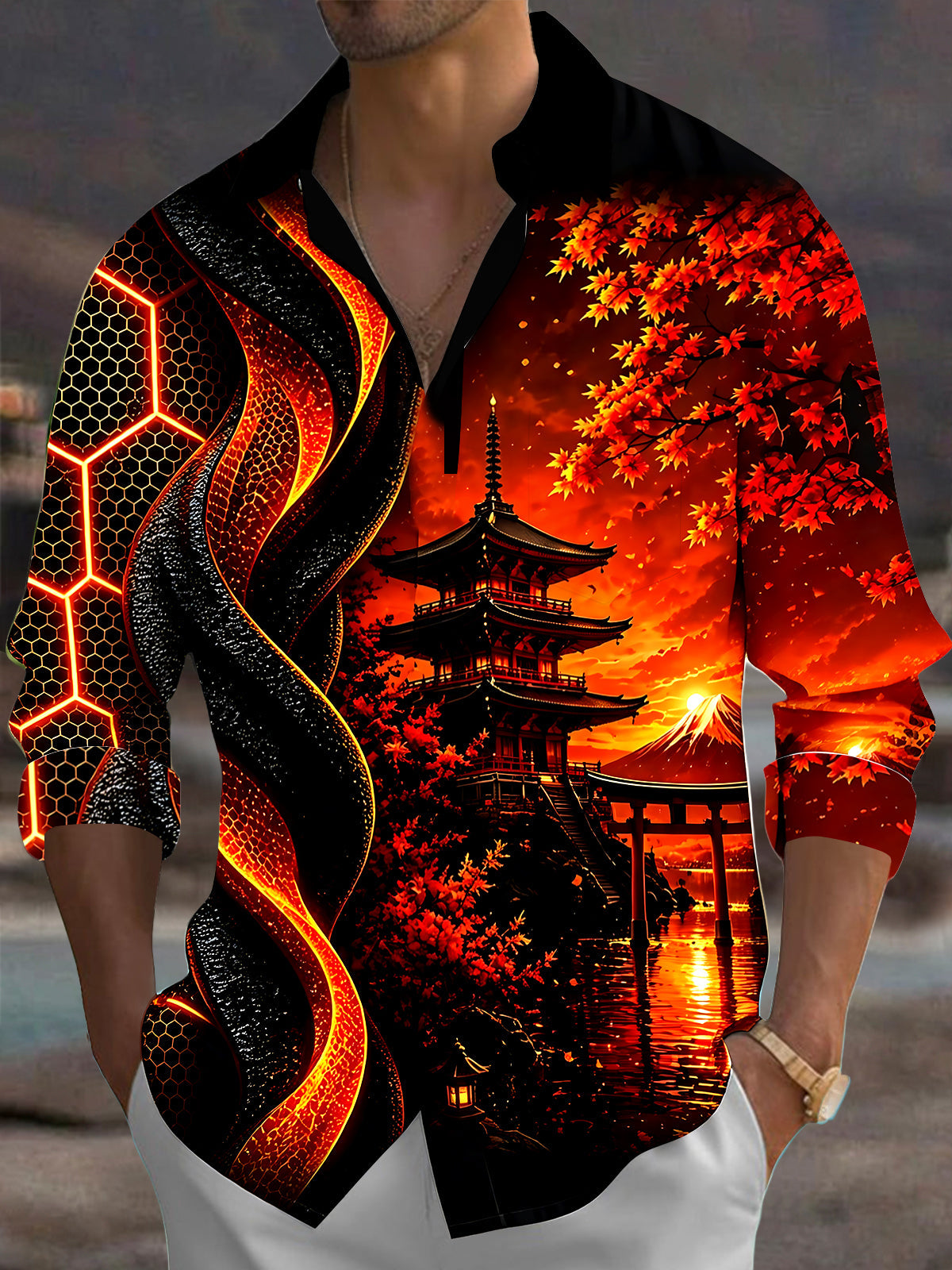 Adaychic Men's Printed Japanese Pagoda Sunset Print Long Sleeve Shirt with Chest Pocket