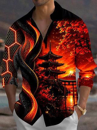 Adaychic Men's Printed Japanese Pagoda Sunset Print Long Sleeve Shirt with Chest Pocket