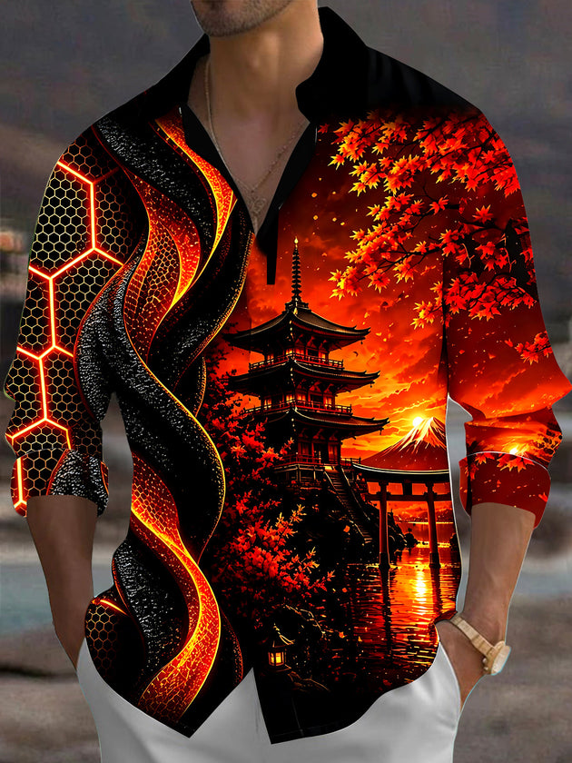 Adaychic Men's Printed Japanese Pagoda Sunset Print Long Sleeve Shirt with Chest Pocket
