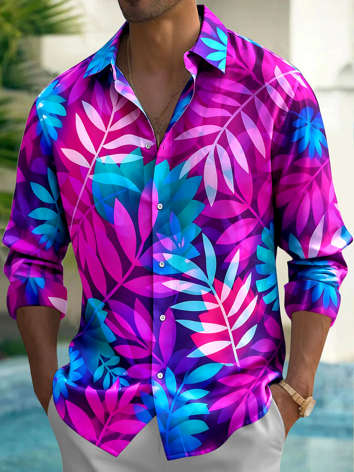 Adaychic Men's Hawaiian Tropical Leaf Print Long Sleeve Shirt with Chest Pocket