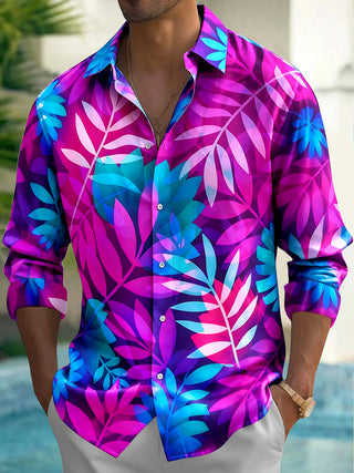 Adaychic Men's Hawaiian Tropical Leaf Print Long Sleeve Shirt with Chest Pocket