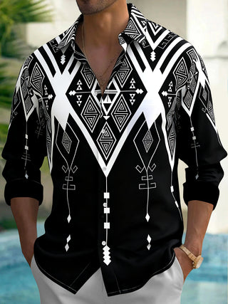 Adaychic Men's Patterned Black And White Geometric Print Long Sleeve Shirt with Chest Pocket