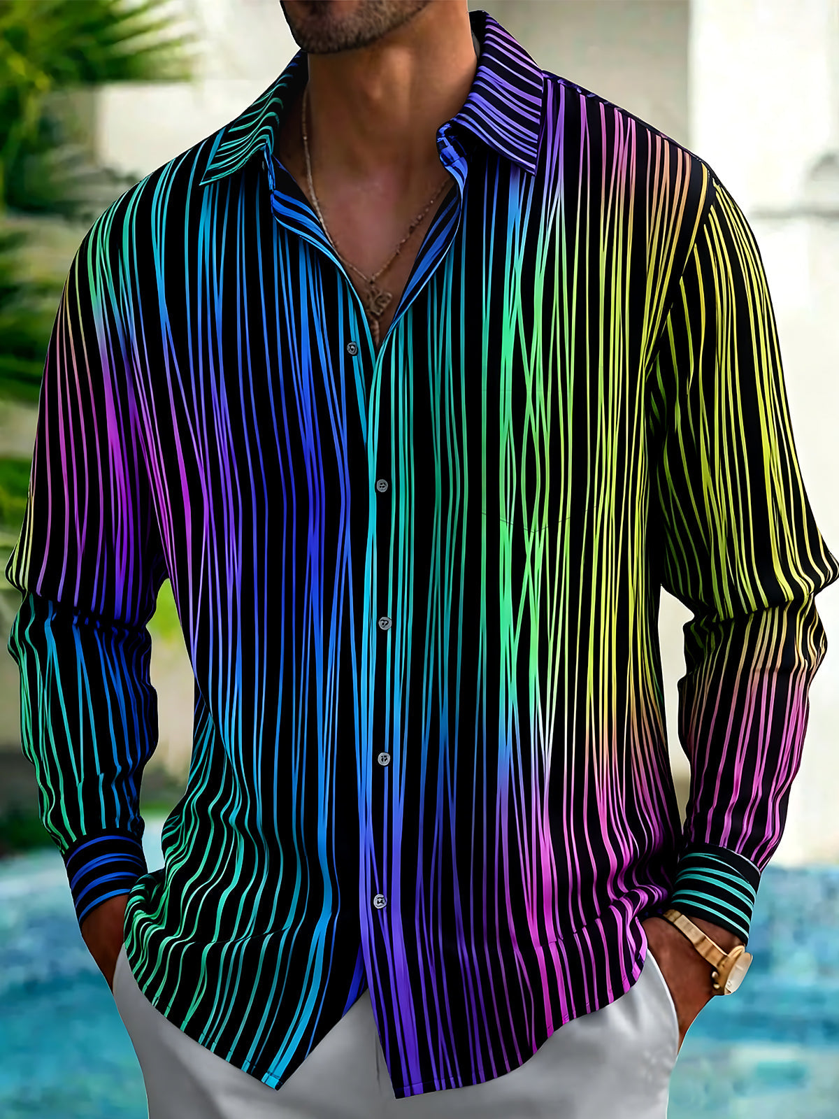 Adaychic Men's Striped Rainbow Vertical Stripes Print Long Sleeve Shirt with Chest Pocket