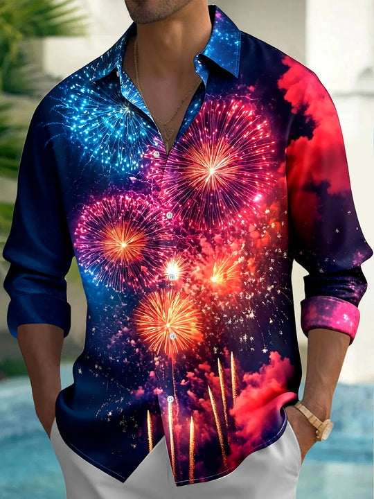 Adaychic Men's Printed Fireworks Display Print Long Sleeve Shirt with Chest Pocket