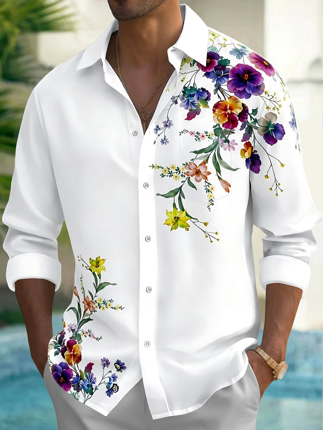 Adaychic Men's Floral Colorful Floral Branches Print Long Sleeve Shirt with Chest Pocket