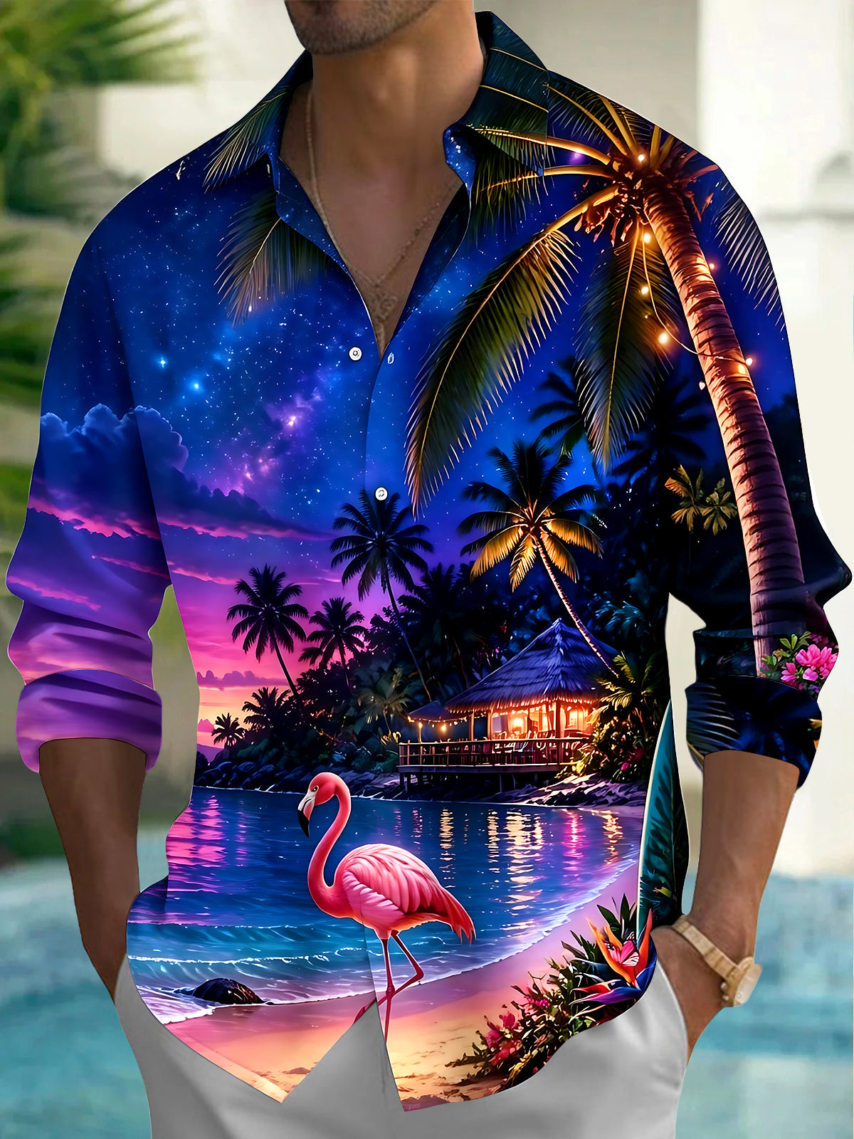 Adaychic Men's Hawaiian Tropical Beach Sunset Print Long Sleeve Shirt with Chest Pocket