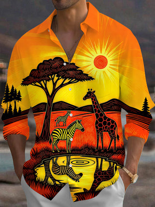 Adaychic Men's Hawaiian African Safari Sunset Print Long Sleeve Shirt with Chest Pocket