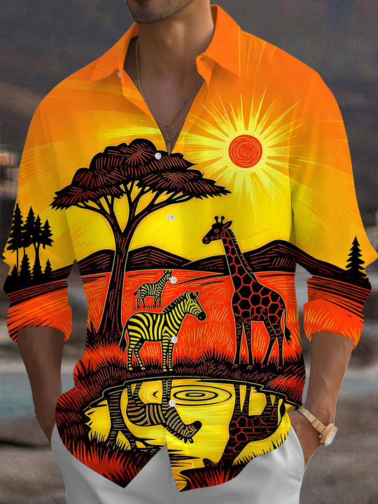Adaychic Men's Hawaiian African Safari Sunset Print Long Sleeve Shirt with Chest Pocket