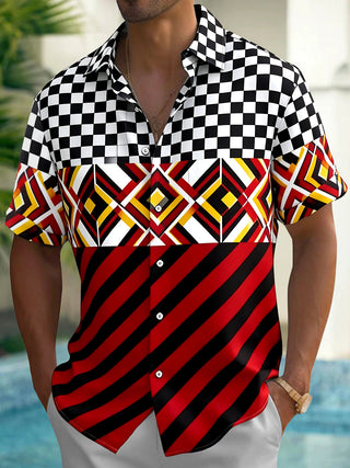 Adaychic Men's Patterned Geometric Checkered Print Short Sleeve Shirt with Chest Pocket