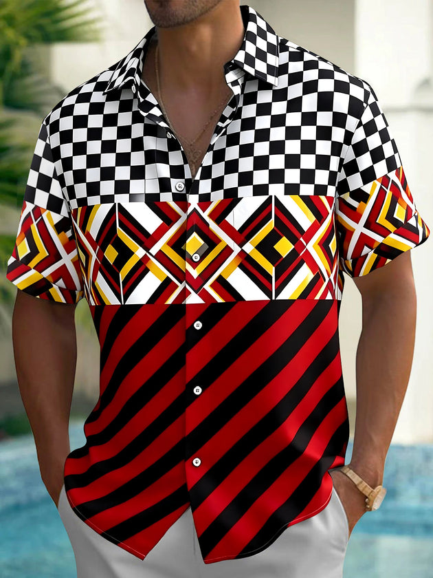 Adaychic Men's Patterned Geometric Checkered Print Short Sleeve Shirt with Chest Pocket