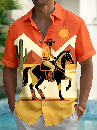 Adaychic Men's Vintage Style Cowboy On Horse Print Short Sleeve Shirt with Chest Pocket