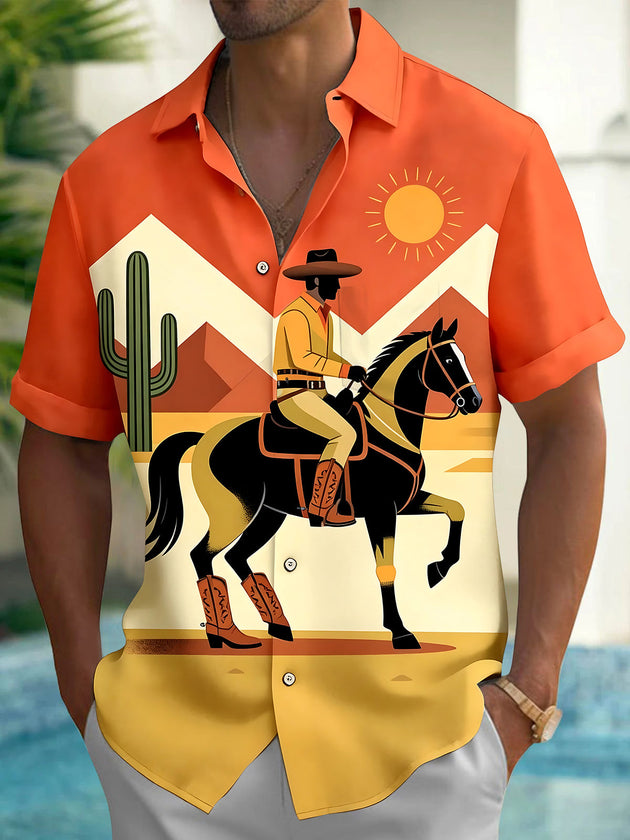 Adaychic Men's Vintage Style Cowboy On Horse Print Short Sleeve Shirt with Chest Pocket
