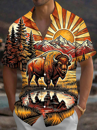 Adaychic Men's Vintage Style Bison Landscape Print Short Sleeve Shirt with Chest Pocket