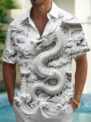 Adaychic Men's 3D 3D Dragon Print Chinese Clouds Print Short Sleeve Shirt with Chest Pocket