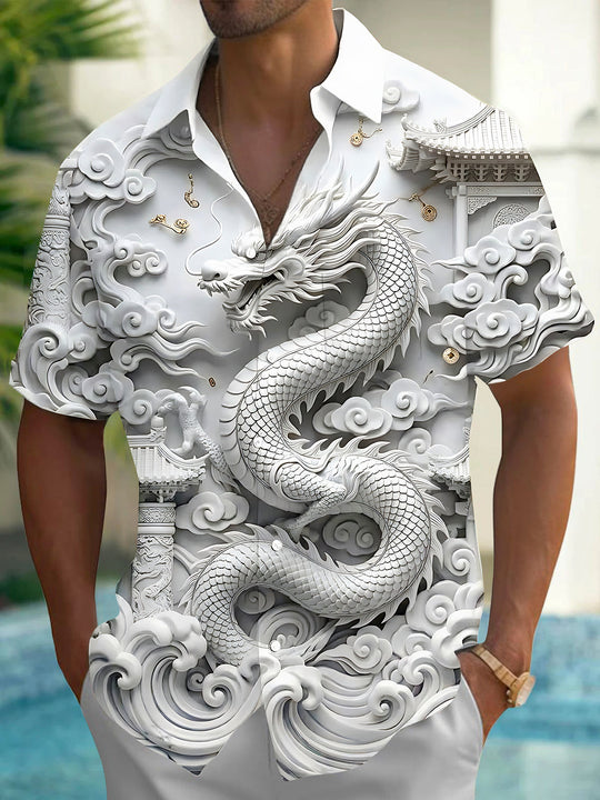 Adaychic Men's 3D 3D Dragon Print Chinese Clouds Print Short Sleeve Shirt with Chest Pocket