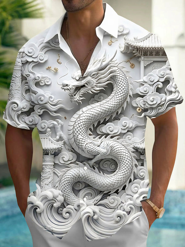 Adaychic Men's 3D 3D Dragon Print Chinese Clouds Print Short Sleeve Shirt with Chest Pocket