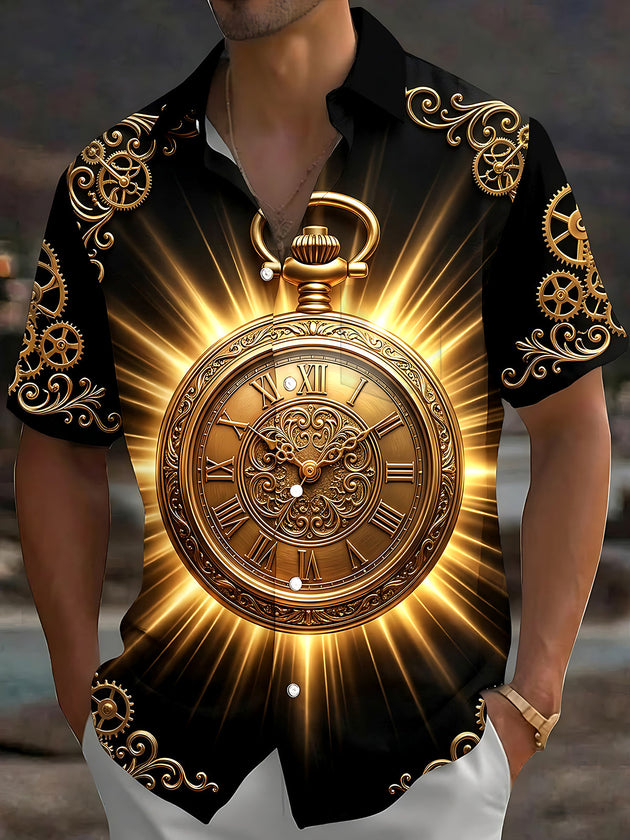 Adaychic Men's Vintage Style Golden Pocket Watch Print Short Sleeve Shirt with Chest Pocket
