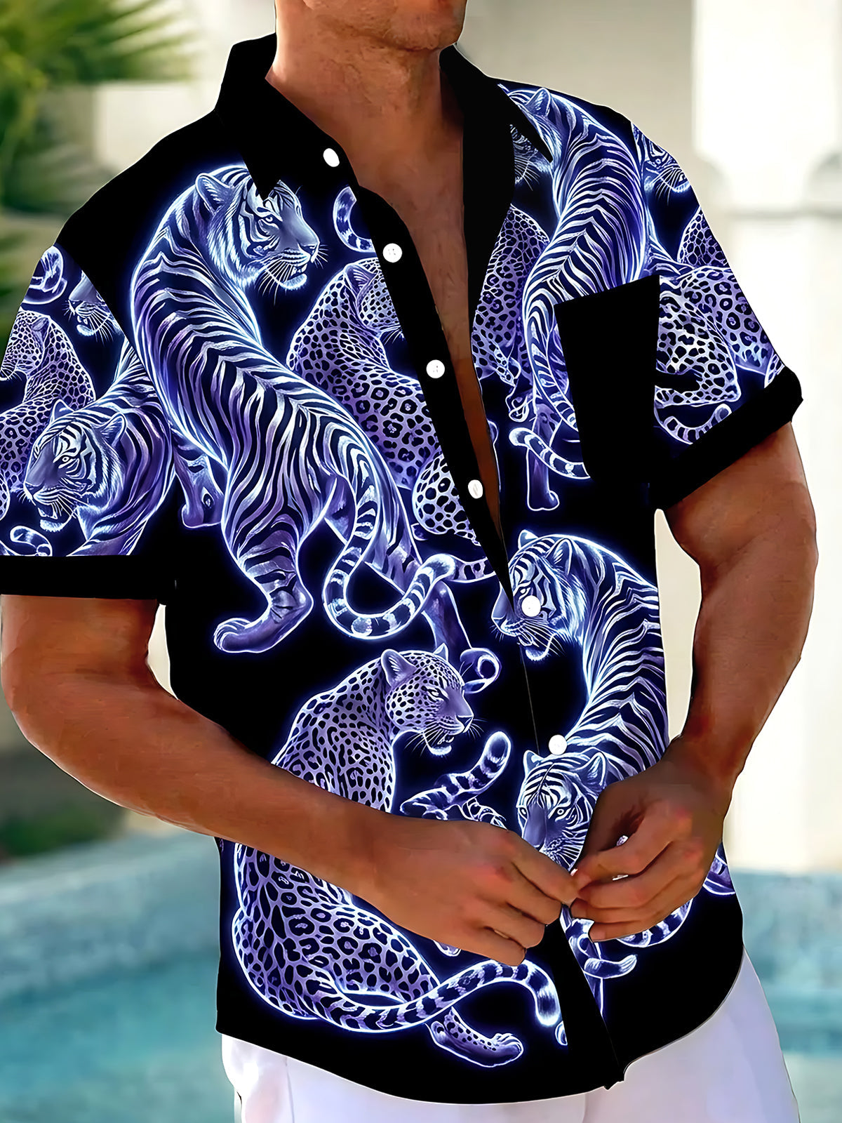 Adaychic Men's Hawaiian Neon Blue Tigers Print Leopard Print Short Sleeve Shirt with Chest Pocket