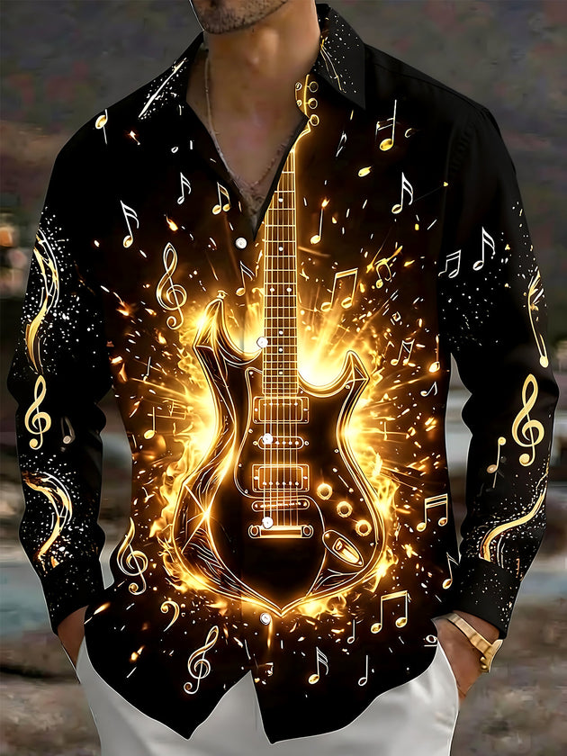 Adaychic Men's Graphic Electric Guitar Print Long Sleeve Shirt with Chest Pocket