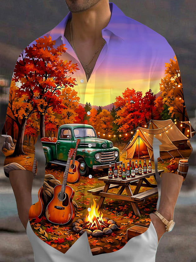 Adaychic Men's Vintage Style Autumn Camping Scene Print Long Sleeve Shirt with Chest Pocket