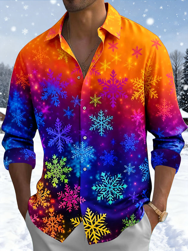 Adaychic Men's Printed Colorful Snowflakes Print Long Sleeve Shirt with Chest Pocket