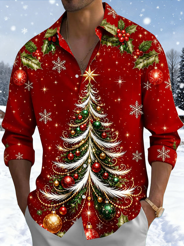 Adaychic Men's Printed Christmas Tree Print Snowflakes Print Long Sleeve Shirt with Chest Pocket