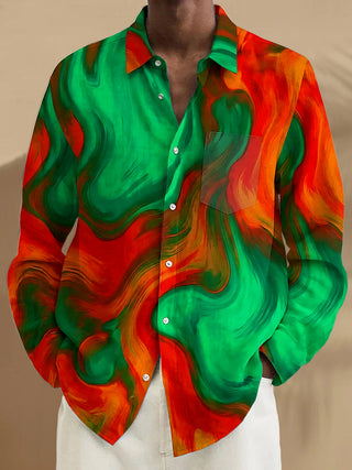 Adaychic Men's Abstract Swirling Colorful Pattern Long Sleeve Shirt with Chest Pocket