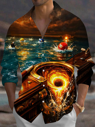Adaychic Men's Graphic Pool Table Pocket Vortex Print Long Sleeve Shirt with Chest Pocket
