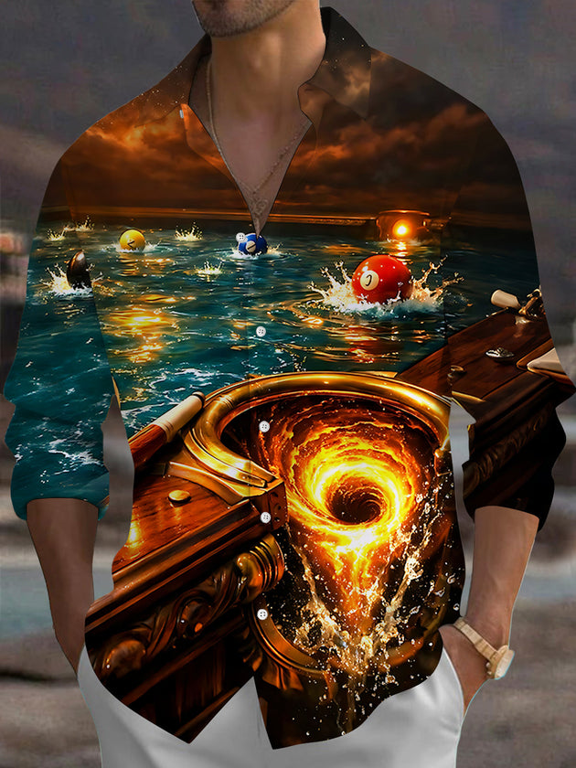 Adaychic Men's Graphic Pool Table Pocket Vortex Print Long Sleeve Shirt with Chest Pocket