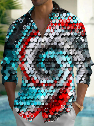 Adaychic Men's 3D 3D Hexagon Pattern Geometric Gradient Print Long Sleeve Shirt with Chest Pocket