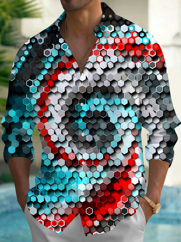 Adaychic Men's 3D 3D Hexagon Pattern Geometric Gradient Print Long Sleeve Shirt with Chest Pocket