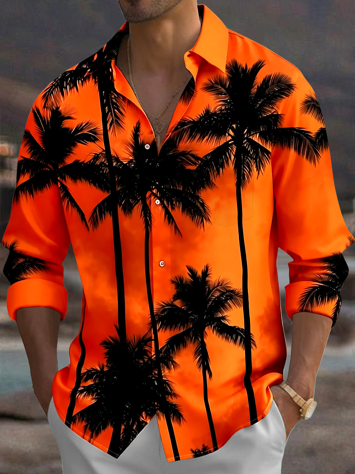 Adaychic Men's Hawaiian Palm Tree Silhouette Print Long Sleeve Shirt with Chest Pocket