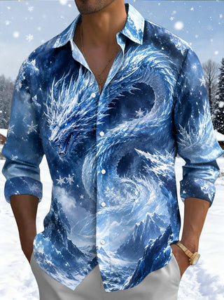 Adaychic Men's Graphic Ice Dragon Print Snowflake Pattern Long Sleeve Shirt with Chest Pocket