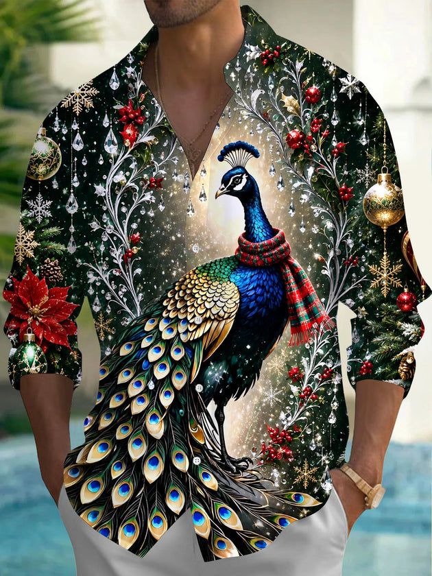 Adaychic Men's Printed Christmas Peacock Print Long Sleeve Shirt with Chest Pocket