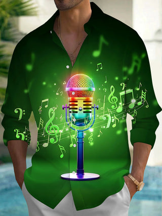 Adaychic Men's Graphic Rainbow Microphone Print Long Sleeve Shirt with Chest Pocket