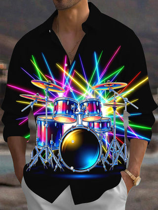 Adaychic Men's Graphic Neon Drum Set Print Long Sleeve Shirt with Chest Pocket
