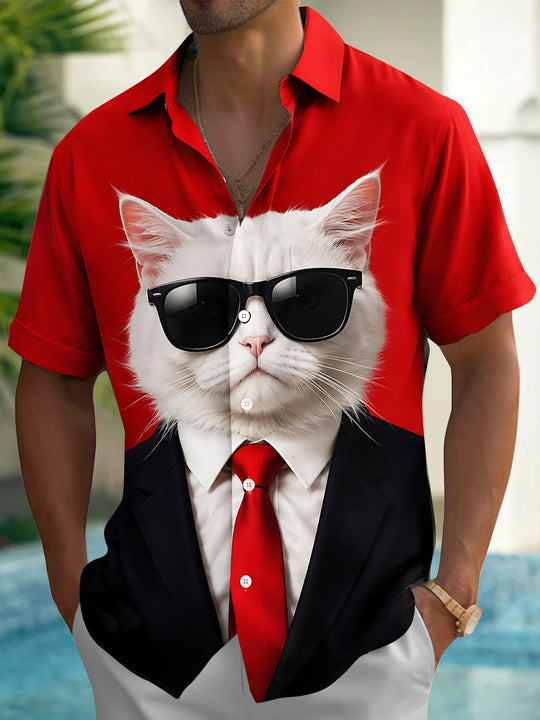 Adaychic Men's Graphic Cat In Suit And Sunglasses Print Short Sleeve Shirt with Chest Pocket