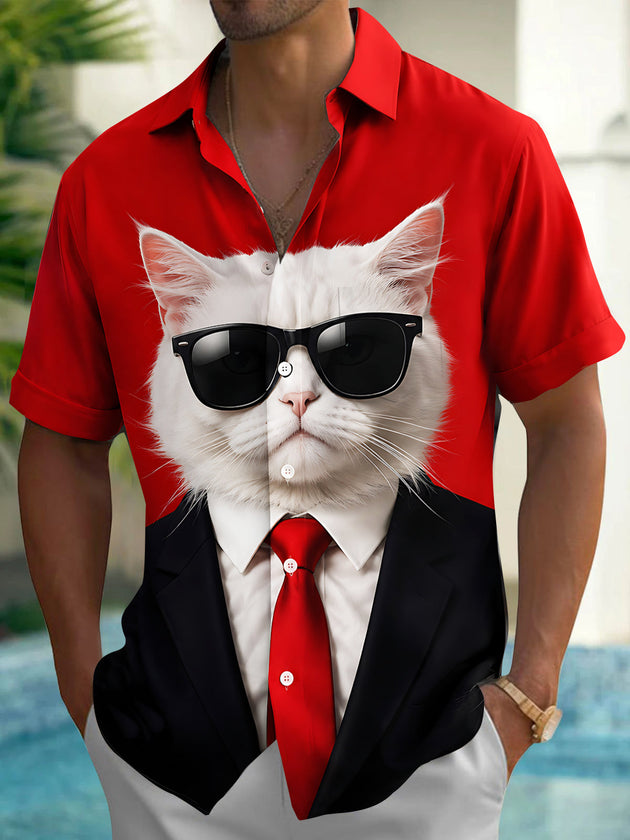 Adaychic Men's Graphic Cat In Suit And Sunglasses Print Short Sleeve Shirt with Chest Pocket