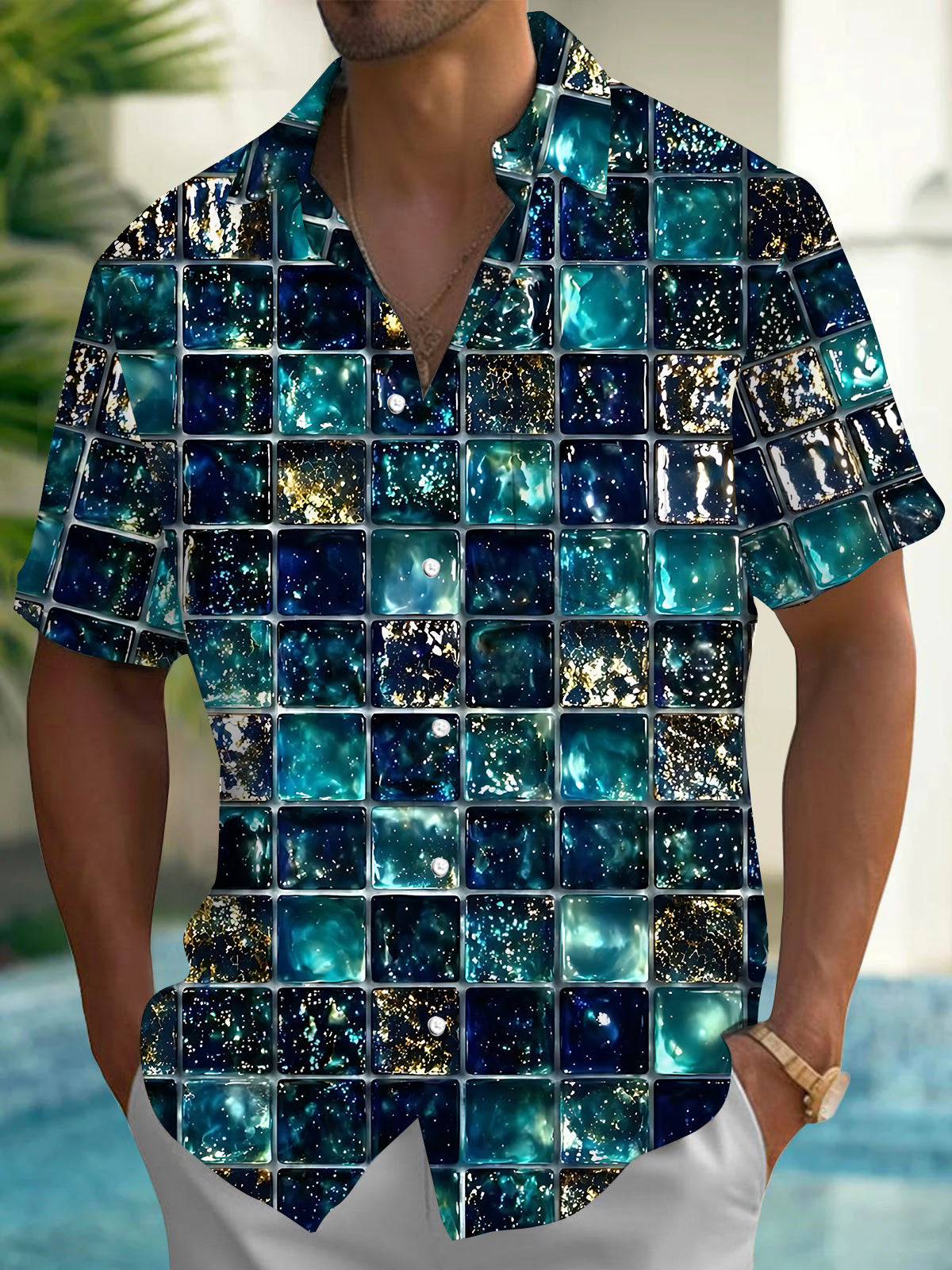 Adaychic Men's Printed Geometric Tile Pattern Short Sleeve Shirt with Chest Pocket