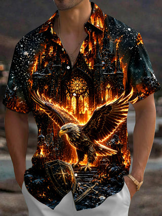 Adaychic Men's Graphic Eagle Print Gothic Cathedral Print Short Sleeve Shirt with Chest Pocket