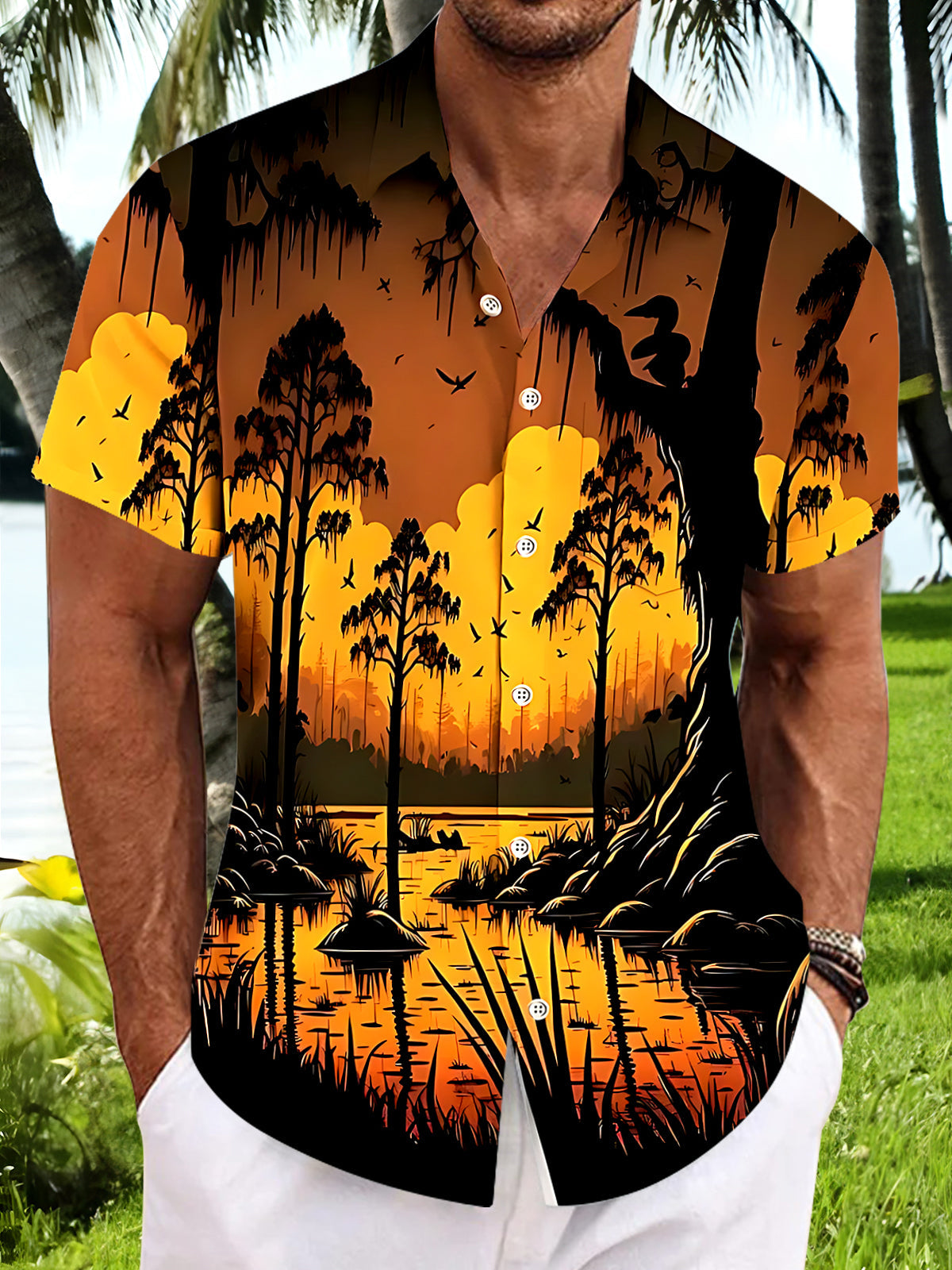 Adaychic Men's Hawaiian Sunset Swamp Landscape Print Short Sleeve Shirt with Chest Pocket