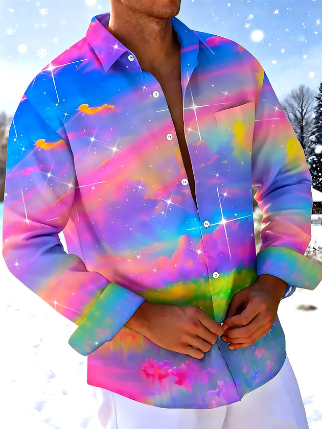 Adaychic Men's Tie Dye Galaxy Nebula Print Long Sleeve Shirt with Chest Pocket